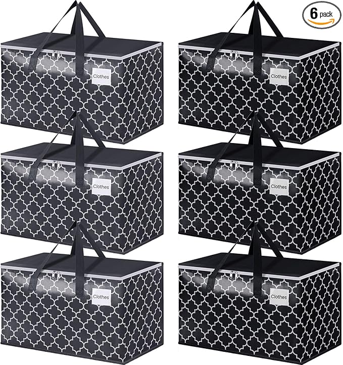 Extra Large Moving Bags, Heavy-Duty Storage Totes with Zipper Top and Sturdy Handles, Moving Supplies for Space Saving and Packing, Collapsible Storage Bags, Black & Gray, 100L, 6-Pack