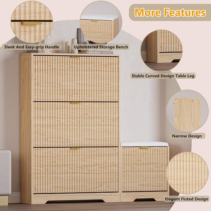 BORNOON Slim Shoe Cabinet with Bench for Entryway, Hidden Storage and Adjustable Shelves, Free Standing Wooden Shoes Organizer for Hallway, Foyer