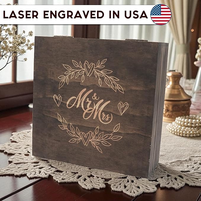 Mr and Mrs Wedding Memory Box- Wooden Keepsake Box with Lid for Couples, Rustic Storage Box for Cards, Photos & Mementos, Wedding Anniversary & Engagement Gift- 8.5 x 8 x 2.4 Inches