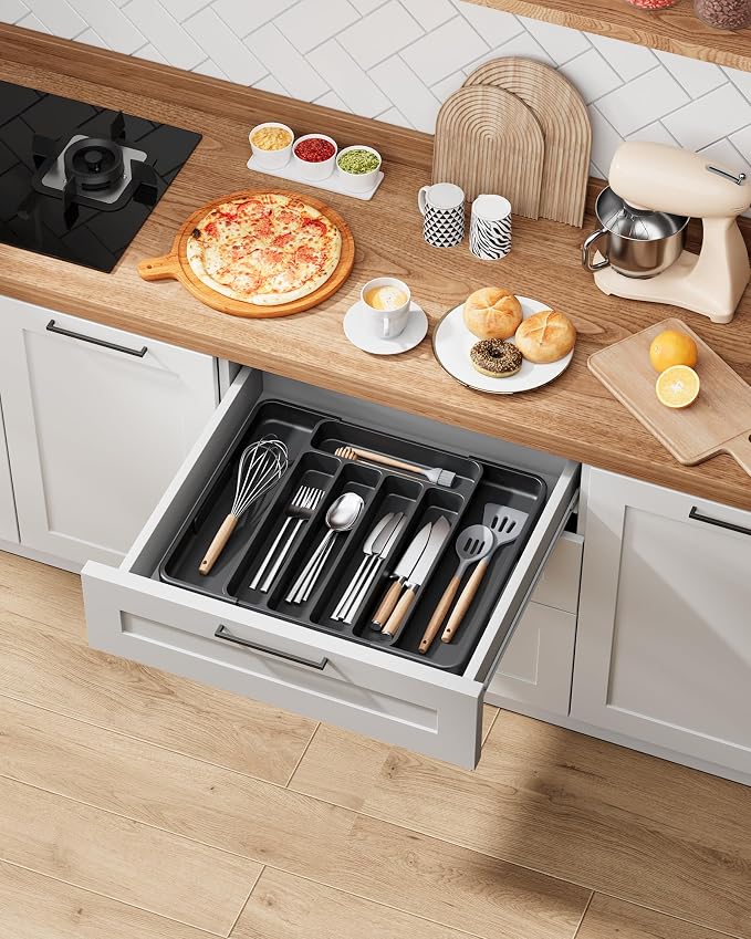 Kitsure Cutlery Drawer Organiser for Kitchen - Adjustable Cutlery Tray for Effortless Utensil Sorting, Versatile Kitchen Storage & Organisation Solution, 12.13" x 1.54" x 8.07"~13.90", Black