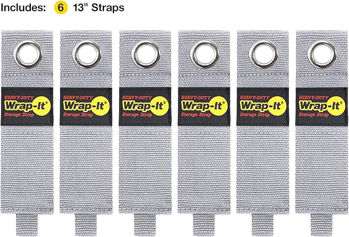 Heavy-Duty Wrap-It Storage Straps - 13" (6-Pack) Silver - Garage Organizer and Extension Cord Hanger for Garage Gadgets