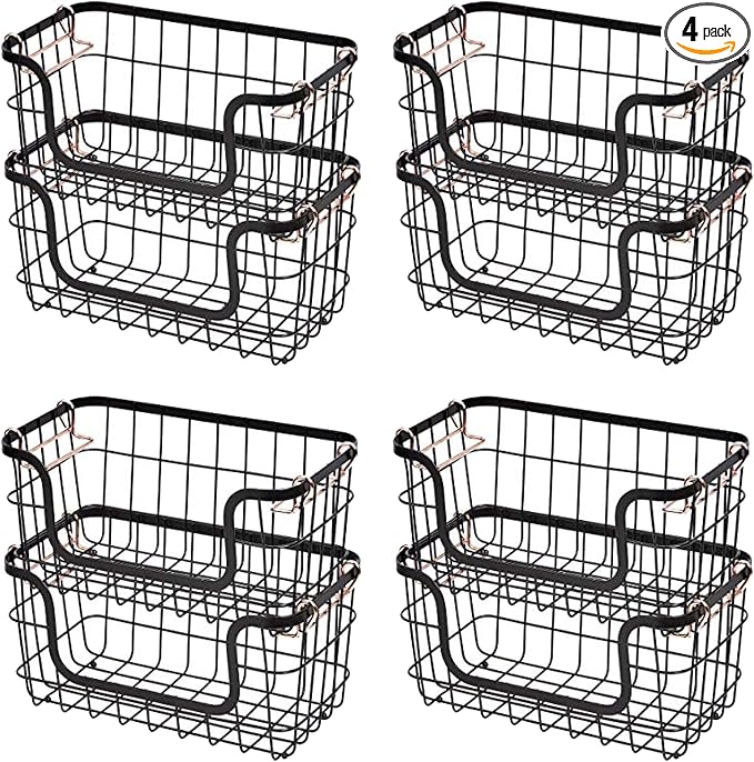 Amazon Basics Stackable Metal Wire Rectangular Storage Baskets for Kitchen, Bathroom or Pantry Organizing, 2 Count, Black (Pack of 4)