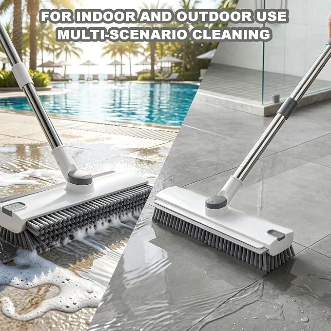 360° Rotatable Floor Scrub Brush - 55 Inch Adjustable Long Handle 2in1 Scrub Squeegee Hidden Hair Catcher V-Type Gap Cleaner for Bathroom Kitchen Patio (White)