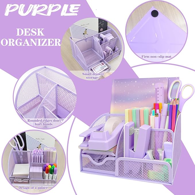 Purple Desk Accessories, 17Pcs Purple Office Supplies Set with Stapler, Mesh Desk Organizer, Tape Dispenser, Staple Remover, Pen Holder, Clips, Pens, Ruler, for Office Home School Women Students Gift