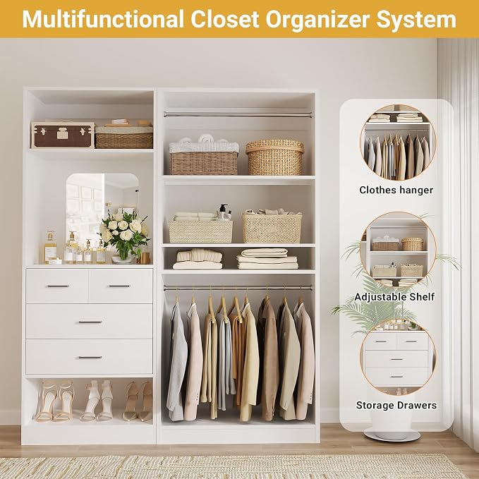 Unikito 61" Closet System, Heavy Duty Wood Closet Organizer with 2 Hanging Rods, Walk-in Wardrobe Garment Rack with Adjustable Shelves, Free-standing Clothing Rack, White