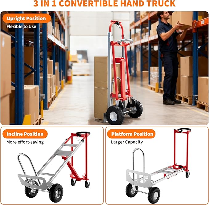 3-in-1 Convertible Hand Truck - 770 Lbs Heavy Duty Multi-Functional Aluminum Moving Dolly with Stair-Climbing Wheels - Folding Platform Cart & Utility Trolley for Home, Warehouse, Office