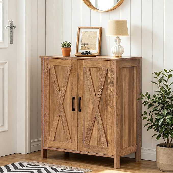 Homleke Farmhouse Shoe Cabinet with 2 Barn Doors & Wood Legs, 5-Tier Shoe Storage Cabinet with 3 Adjustable Shelves, Tall Shoe Rack Organizer for Closet, Shoe Organizer for Entryway, Rustic Walnut