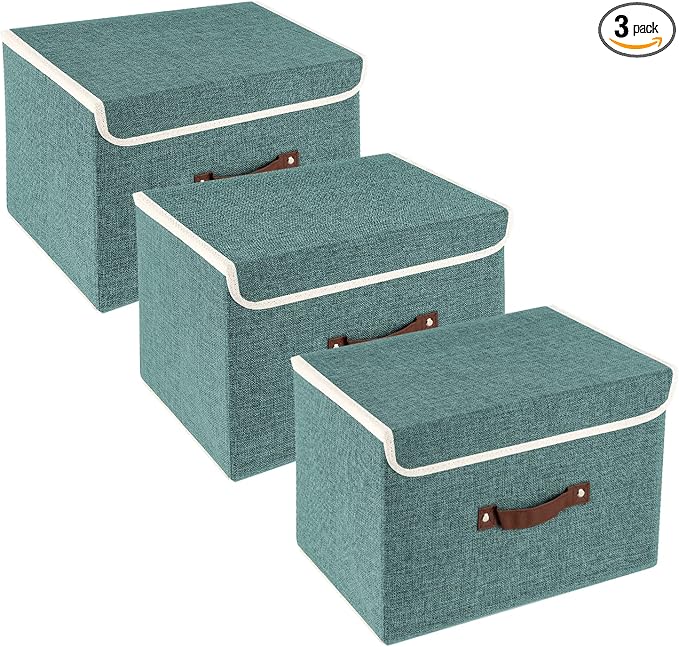 TYEERS Collapsible Storage Boxes, Washable Fabric Storage Bins with Lids, 14.9x9.8x9.8 inches, 3 Pack, Aqua Deep