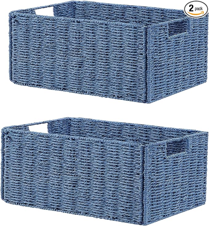 Vagusicc Wicker Storage Basket, Set of 2 Hand-Woven Paper Rope Wicker Basket, Small Storage Baskets for Organizing Toilet Paper, Foldable Large Cube Storage Organizer Bins for Shelves (Blue)