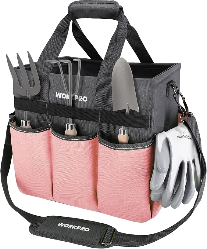 WORKPRO Garden Tool Bag, 10 Pockets and Shoulder Strap, Pink | Heavy Duty Gardening Organizer Tote Bag Standable Garden Home Tool Kits Organizer (Tools are not Included)