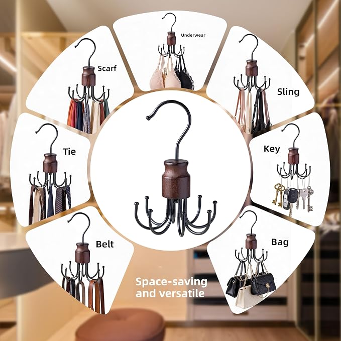 Multi-Purpose Swivel Hook, 8 Prong Design, Wood and Metal for Neckties, Belts, Bands, Bags, Bags, Key Organizer (2)