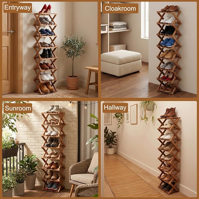 Shoe Racks, Foldable Shoes Organizer Free Standing Shelf for Entryway, Closet, Bedroom, Hallway, | Natural | Functional | Multifunctional Shoe Rack (Eight Layers of Brown)