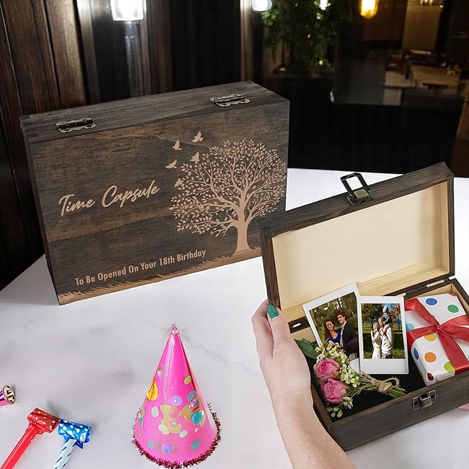 Engraved Time Capsule Memory Box – Wooden Keepsake Box for Graduation, New Year, or Life Events – Medium Size – Dark Walnut – 8.5 x 6 x 3 in