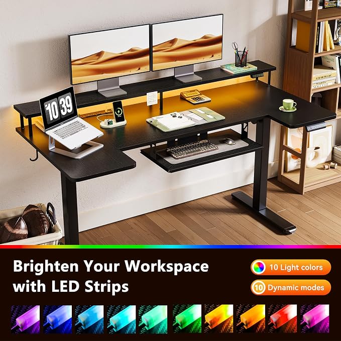 OffiGo 63 Inch U Shaped Electric Standing Desk with Keyboard Tray, Black | 3 Outlets & 2 USB Ports, Dual-Monitor Stand, 10 Colors & 10 LED Modes, 3 Presets, 28.3"-46.5"in Range, 154 lb Capacity