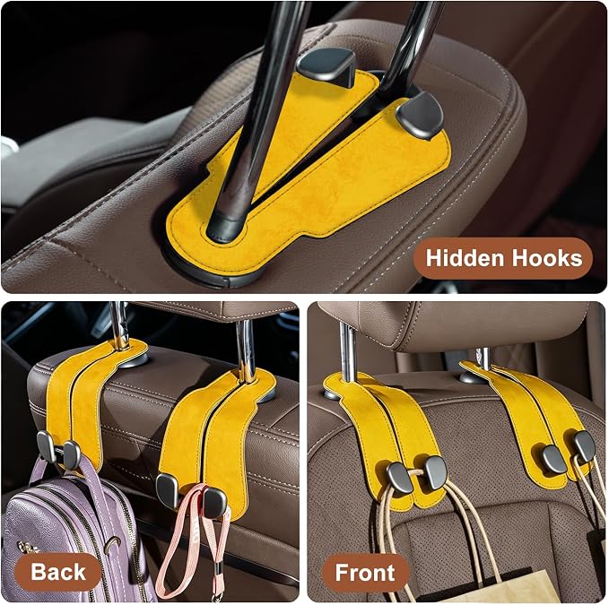 CoBak Purse Hook for Car - Universal Premium Stitched Leather and Aluminum-Magnesium Alloy Double Car Seat Back Storage Hook for Purses, Handbags, Bags (2 Pack),Bright Yellow