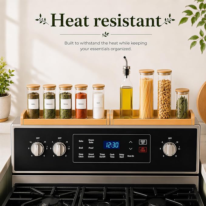 Magnetic Stove Top Shelf 30 Inch – Over the Stove Spice Rack Organizer for Flat Top Stoves, Strong Magnetic Bamboo Kitchen Shelf, Space Saving Stove Top Storage Rack, Tool-Free Installation, Natural