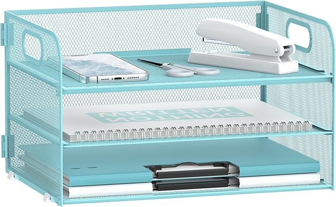 DALTACK 3 Tier Paper Organizer with Handle, Mesh Metal Desk Organizer with Sliding Paper Trays for Letter/A4 Paper, Mail, Bills & Folders, Blue