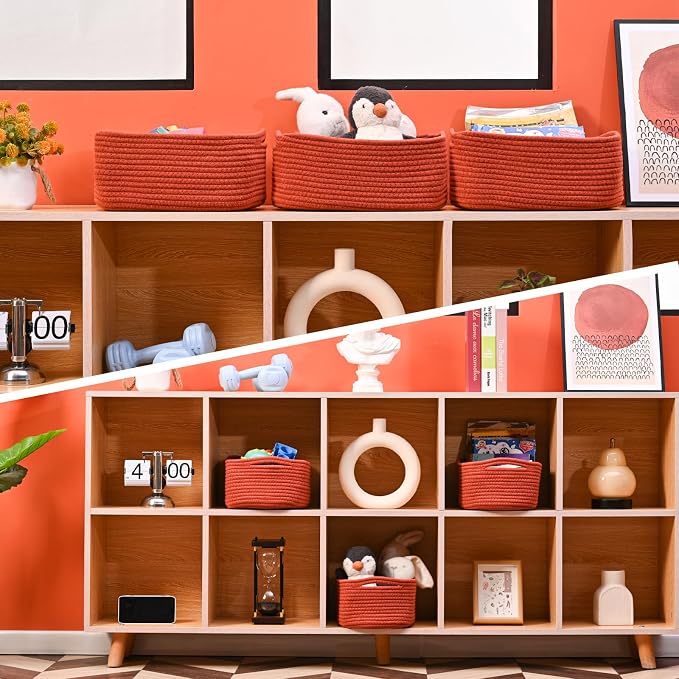ICERZCZ Small Red Woven Baskets for Organizing, Basket for Gifts Empty, Cotton Rope Baskets for Storage, Organizer Bins for Organization, 13"×8.5"×5.1" (3 Packs) Brick Red