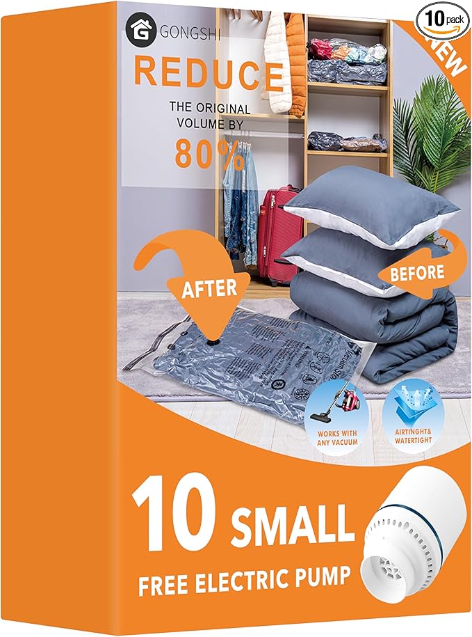 GONGSHI Vacuum Seal Bags for Clothing Travel & Home Storage, Travel Vacuum Bags with Pump,Space Saver for Blankets, Comforters, Pillows, Clothes,10 Small with Electric Pump