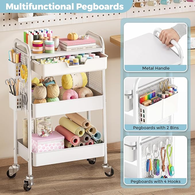 3 Tier Metal Rolling Utility Cart with Drawer & Pegboard - Multifunctional Storage Cart on Wheels with Tabletop, Hooks & Basket, Sturdy Craft & Art Cart for Bathroom, Bedroom, Children Room, White