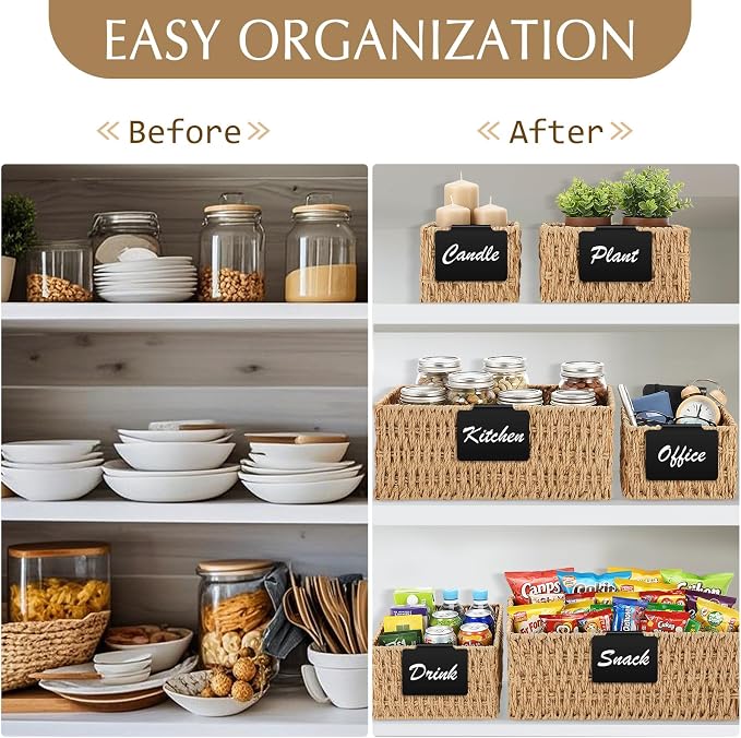 Marsui 6 Pcs Wicker Storage Baskets for Pantry Organization with Labels Handwoven Paper Rope Multi-size Natural Wicker Storage Bins for Organizing Small Baskets Container for Shelves Closet Toilet