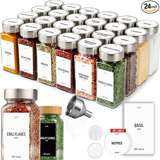 Deco haus Empty Glass Spice Jars with White Label 24x4oz [LABELS incl] Spice Containers with Labels, Shaker Lids & Funnel - Empty Herb Seasoning Containers, Small Seasoning Bottles for Herb