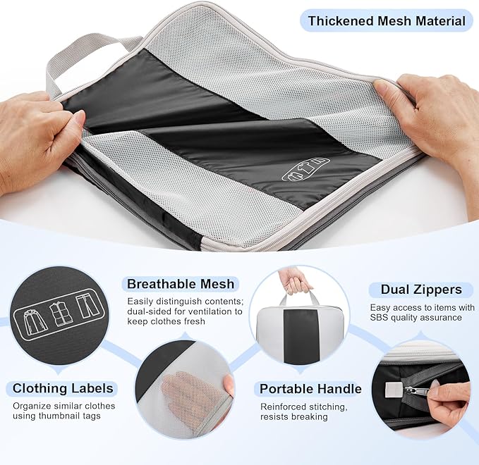 OlarHike 8 Set Compression Packing Cubes for Travel Essentials,Compressible Expandable Space Saver Bags for Organizing Clothes,Luggage Suitcase Garment Bags with Over 1000 pcs Mesh Holes(Black)
