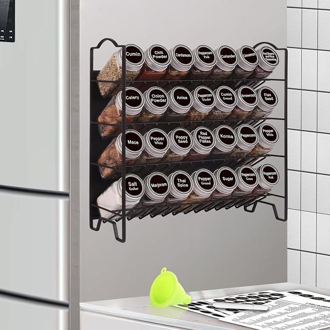 SWOMMOLY 4 Tier Magnetic Spice Rack Organizer with 28 Spice Jars | 396 Spice Labels, Chalk Marker, Funnel Set for Refrigerator, Metal Fridge, Microwave, Cabinet, Countertop,12.9" W x 12.4" H