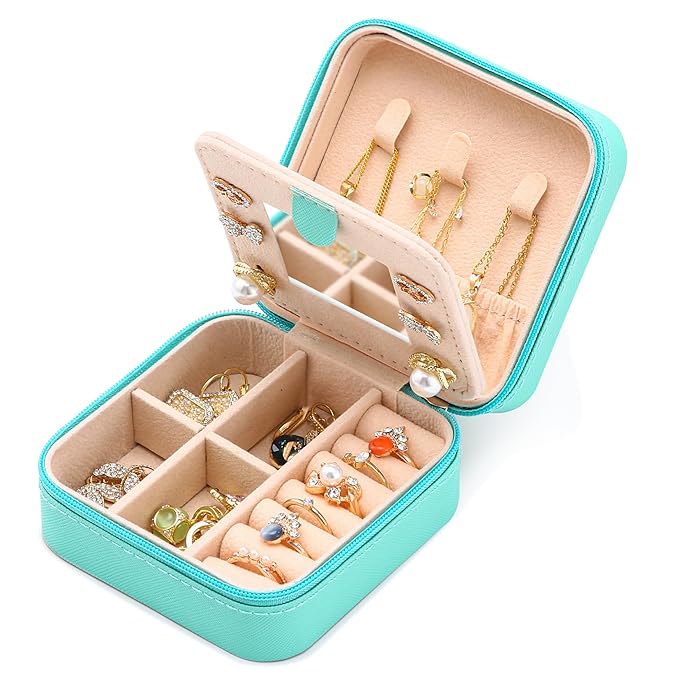 Neveika Jewelry Box with Mirror,Small Jewelry Organizer Box，Travel Jewelry Case for Women，Gift Jewelry Boxes for Female Girls (mirror blue)