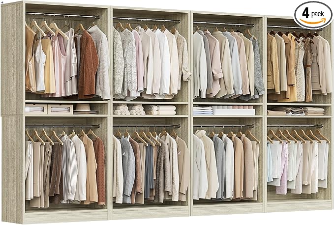 Unikito 12FT Modular Closet System with 8 Hanging Rods, 2800LBs Wood Garment Rack, 4-Pieces Ultra-Wide Walk-in Closet Organizer, Freestanding Clothing Shelves, White Oak