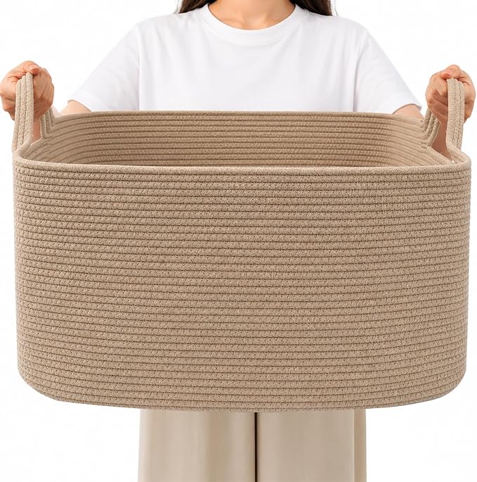 65L Collapsible Woven Rope Laundry Basket with Handles,Jute | 21x16x12 Foldable Rectangular Blanket Basket for Toys, Clothes & Pillows,Ideal for Nursery, Bathroom, Bedroom, Living Room