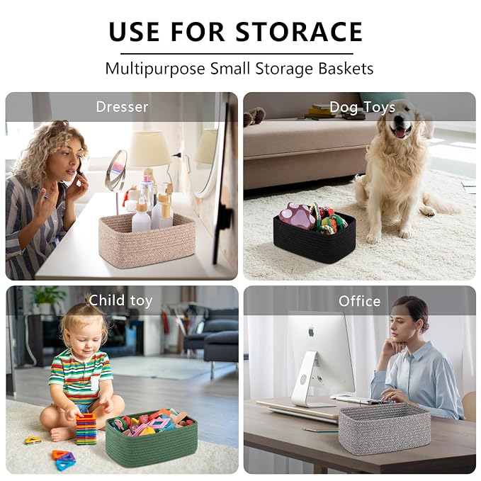 OIASKET 4 Pack Small Storage Shelf Baskets for Organizing, Mini Woven Rope Storage Bins for Towels, Cute Decorative Closet Organizer，Baby Nursery, Gift Empty Baskets -11.81''Lx7.87''Wx4.72''H'-Brown