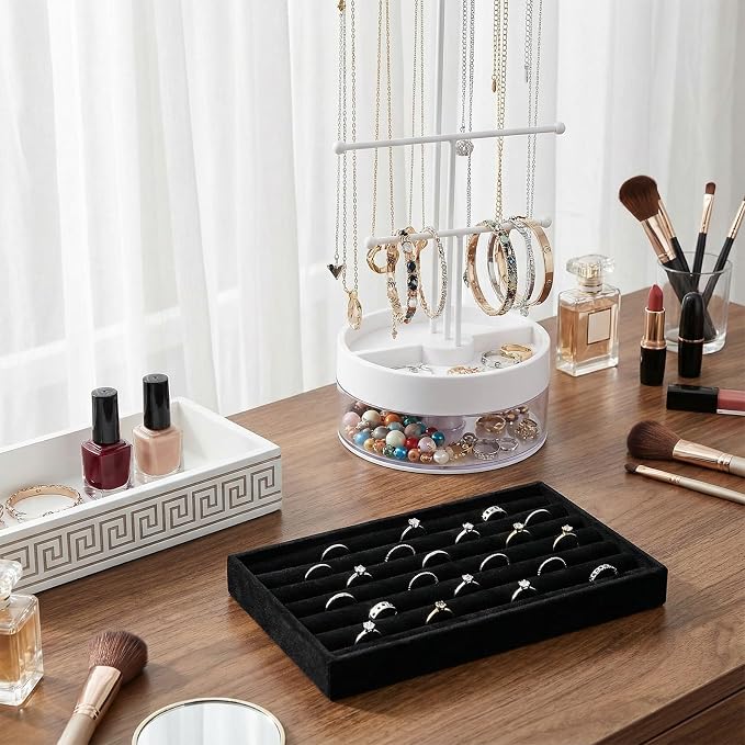 SynHHergyx Ring Display Tray 7 Slots Ring Display Case Earrings Showcase Organizer Rings Holder Tray Velvet Jewelry Drawer Organizer Inserts, Black