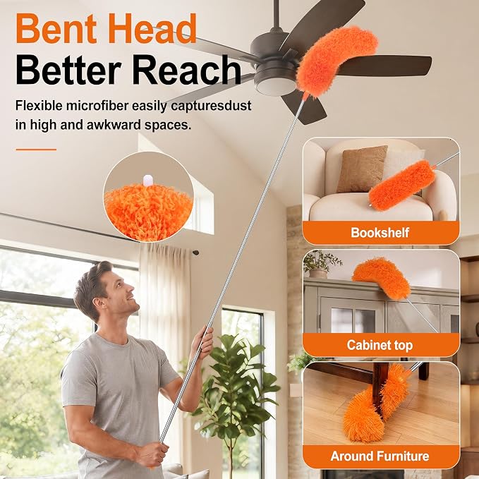 Cobweb Duster with Extension Pole, Pole5-Piece Spider Web Brush with Pole Kit, 100" Telescoping Microfiber Feather Dusters for Cleaning, Bendable Washable Dusters for High Ceilings, Ceiling Fans