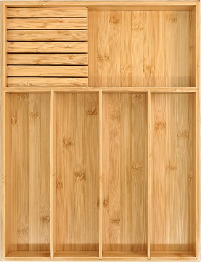 VaeFae Bamboo Silverware Organizer (Non-expandable), Utensil Holder for Drawer, Cutlery Tray with Divider for Kitchen Drawer, Utensil Organizer with Knife Block