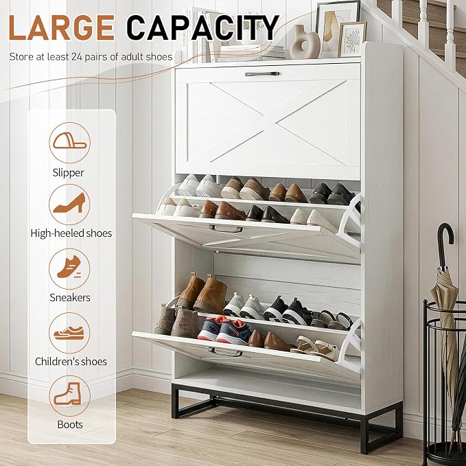 VINGLI Tall Farmhouse Shoe Cabinet with 3 Flip Drawers, Slim Entryway Shoe Storage Organizer with Metal Legs, Narrow Free Standing Wood Shoe Rack for 24 Pairs, Washed White (55" H)
