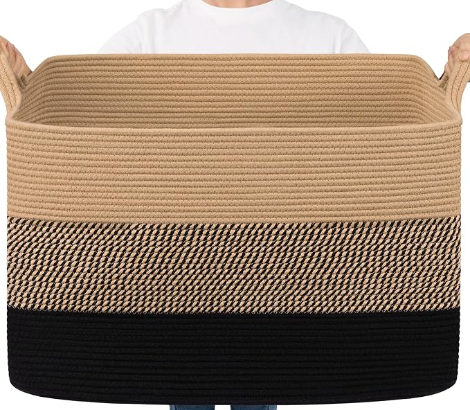 Goodpick 105L Extra Large Blanket Basket 25" x 16" x 16" Cotton Rope Storage Baskets for Organizing, Wicker Laundry Basket with Handles, Rectangle Woven Baskets for Storage, Black & Jute