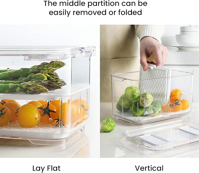 vacane Produce Saver with Lids, 2 Piece Fruit Vegetable Storage Container with Vents Stackable Fridge Drawers Organizer Salad Lettuce Keeper For Refrigerator,Bpa-free Fresh Keeper,5.7L&2.8L