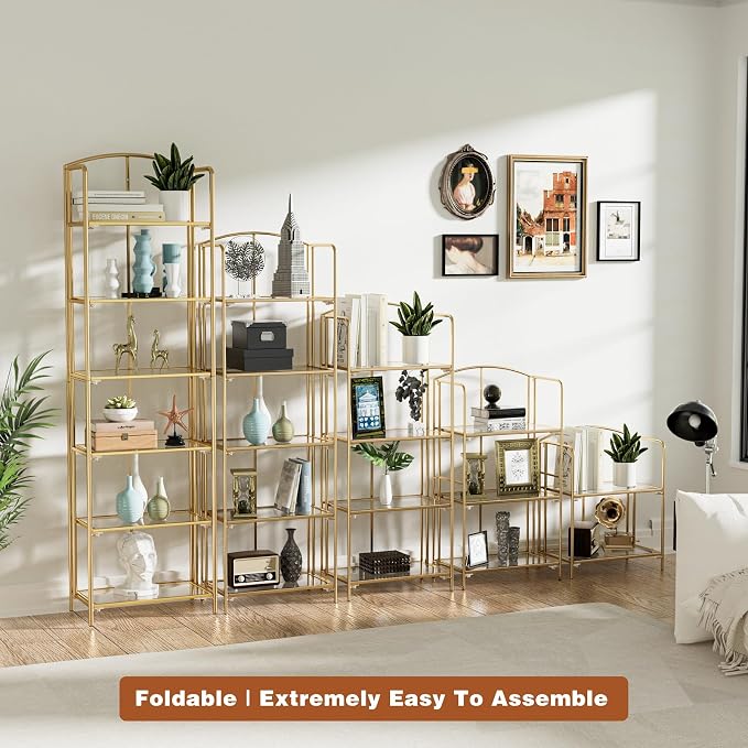 Crofy 5-Tier Foldable Bookshelf, Gold Frame & Transparent Shelves | No-Assembly Collapsible Portable Storage Organizer; Sturdy Transparent Shelves; Ideal for Living Room & Home Office