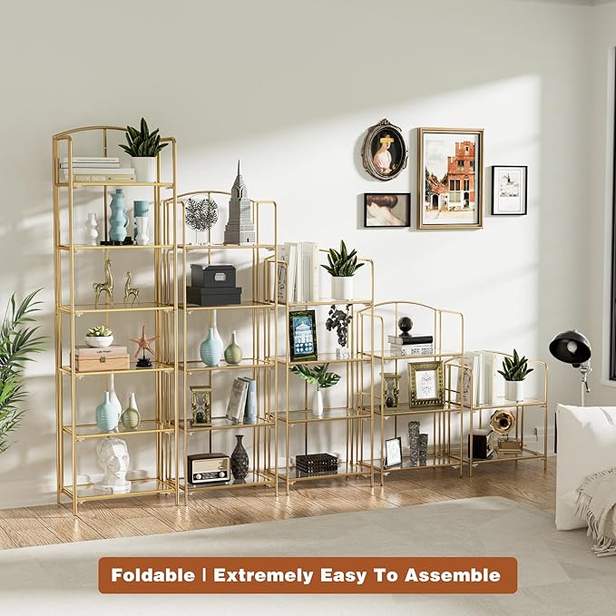 Crofy 4-Tier Foldable Bookshelf, Gold Frame & Transparent Shelves | No-Assembly Collapsible Portable Storage Organizer; Sturdy Transparent Shelves; Ideal for Living Room & Home Office