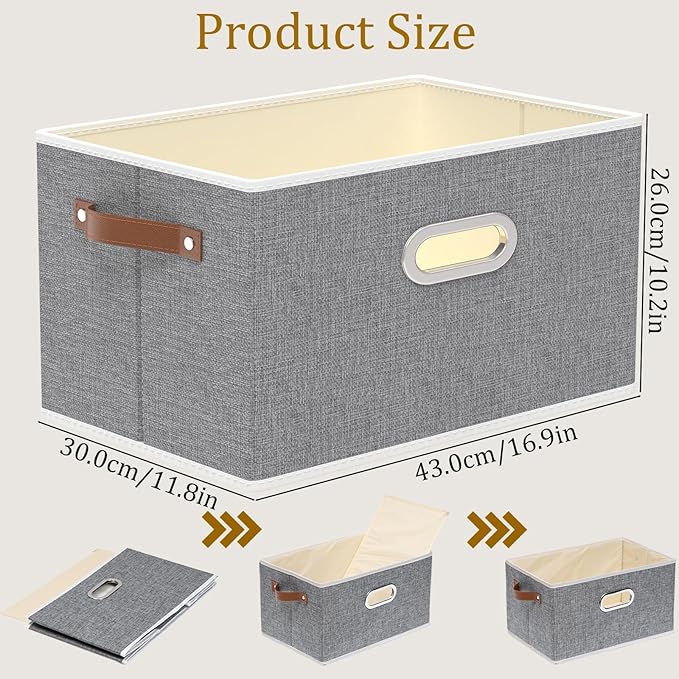 Yawinhe Foldable Storage Baskets for Shelves,16.9x11.8x10.2in,Grey,4-Pack | Collapsible Storage Bins for Towels, Container with Leather Handle for Organization, Fabric Rectangle Boxes for Home