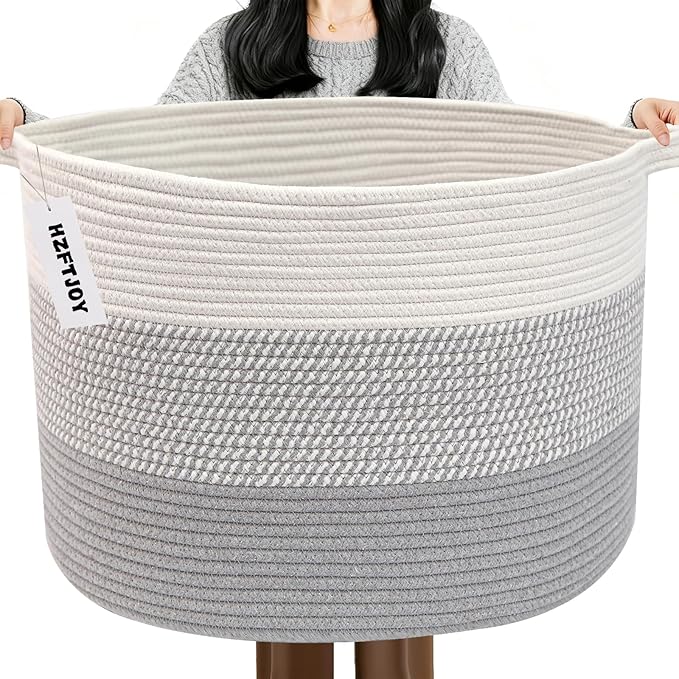 90L Extra Large Blanket Basket,Woven Rope Laundry Basket Hamper with Handles, Decorative Nursery Basket Storage Bin for Toys, Clothes Organizer, Living Room, Bedroom, Bathroom, Grey