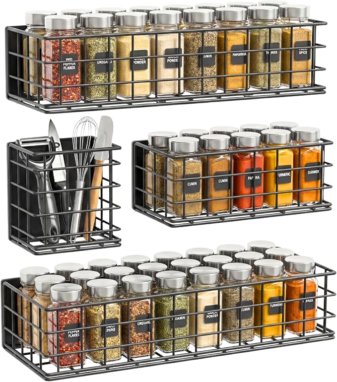 Ofiray-home Magnetic Fridge Shelf, 4-Pack Metal Strong Magnet Rack, Space Saving Spice Organizer, Utensil Holder, Fruit Potato Onion Storage Bins, Black Refrigerator Organizers and Storage