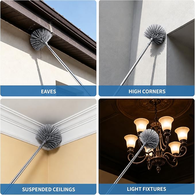 Cobweb Duster with Extension Pole, Upgraded Heavy Duty Thickened Stainless Steel Telescopic Handle for High Ceilings & Ceiling Fans, 90" Total Reach (15.7" Compact), Medium Stiff Bristles (Grey)