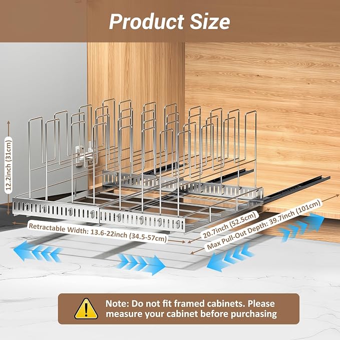 Housolution Pull Out Stainless Steel Baking Tray and Cookie Sheet Organizer, 13"-22" Width Expandable Cutting Board Holder with 8 Adjustable Dividers, 21.5" Deep Bakeware Rack for Cabinet, Silver