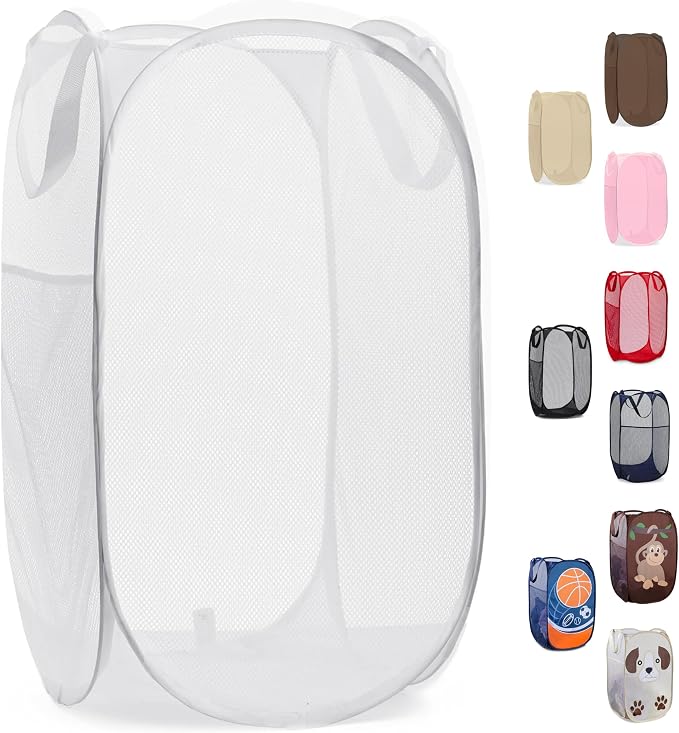 Pop Up Laundry Hamper, Collapsible Mesh Clothes Basket - Handy Laundry 71L Foldable Clothes Basket with Reinforced Handles, Wide Opening and Side Pocket for Dorm, Travel, Cruise, Bedroom (White)
