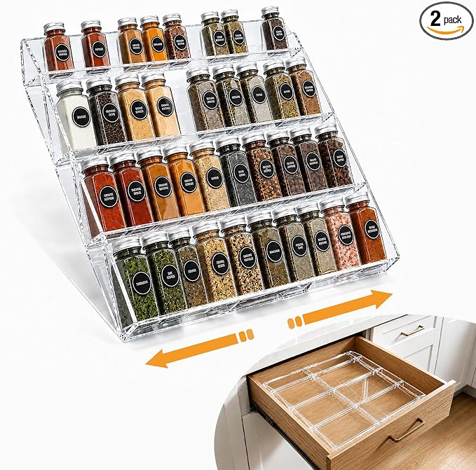 Spice Drawer Organizer,4 Tier Clear Acrylic Spice Rack for Drawer | Expandable 12" to 23", Seasoning Organizer Tray for Kitchen Drawer,Keep Spice Labels Visible and Easy to Grab,Organizer Only