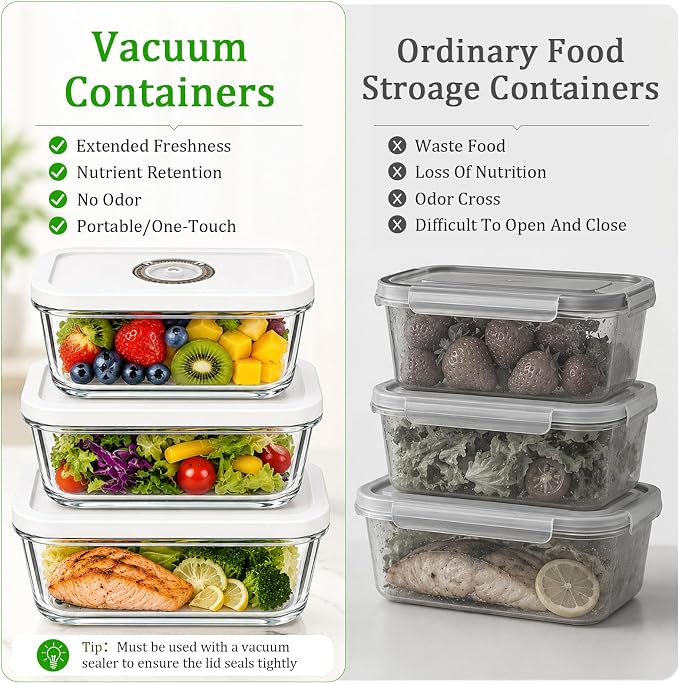 Vacuum Seal Containers,3pcs Glass Vacuum Seal Containers for Food Storage | Food Container Sets with Date Tracking Lid,Stackable Vacuum Containers for Leftovers, Meal Prep, Fridge,Freezer & Pantry