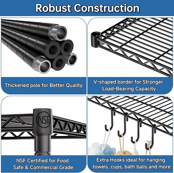 5 Tier Wire Metal Shelving: Adjustable Pantry Storage Shelves, NSF Bakers Rack Heavy Duty Garage Shelving Unit, Utility Shelf Organizer for Closet, Kitchen, 72" H x 36" W x 14" D, 4 PCS