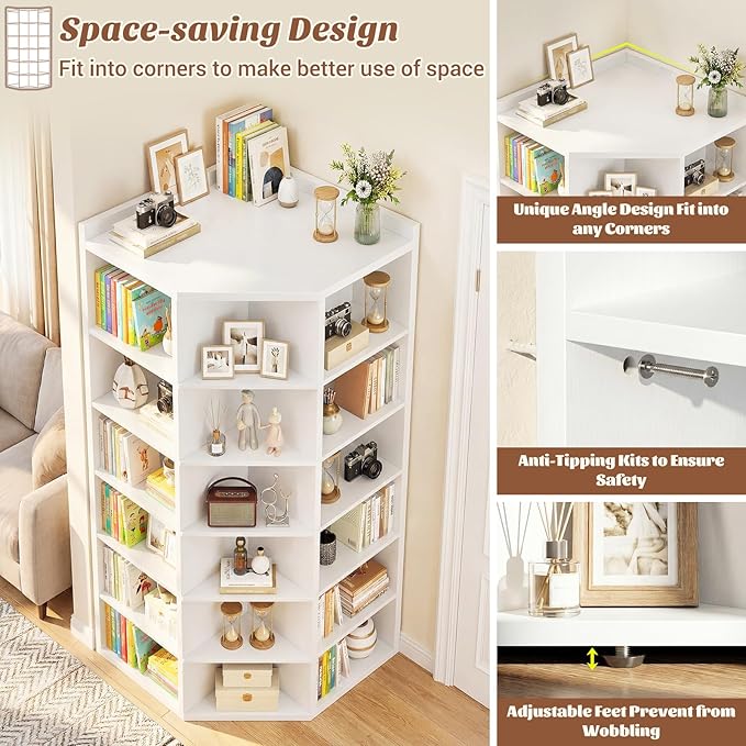 Aheaplus Corner Cube Book Shelf, 7-Tier Corner Storage Cabinet with Top Table, Corner Cube Storage Shelf for Small Space, Wooden L Shaped Cubby Bookcase for Home Office, Bedroom, Living Room, White